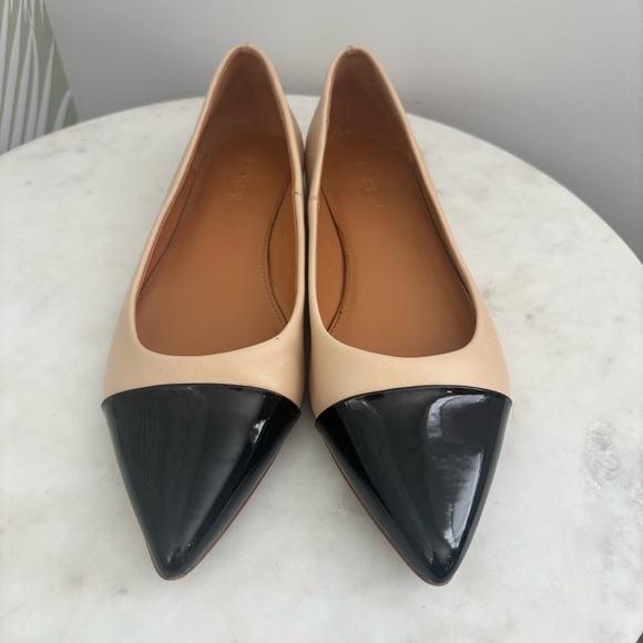 J. Crew Factory Marina Leather Pointy Cap-Toe Flats Beige/Black Preppy Office 6 - Picture 3 of 13